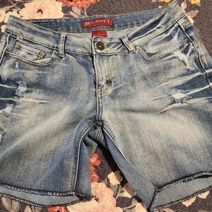 Red Rivet Distressed Light Blue Jean Shorts